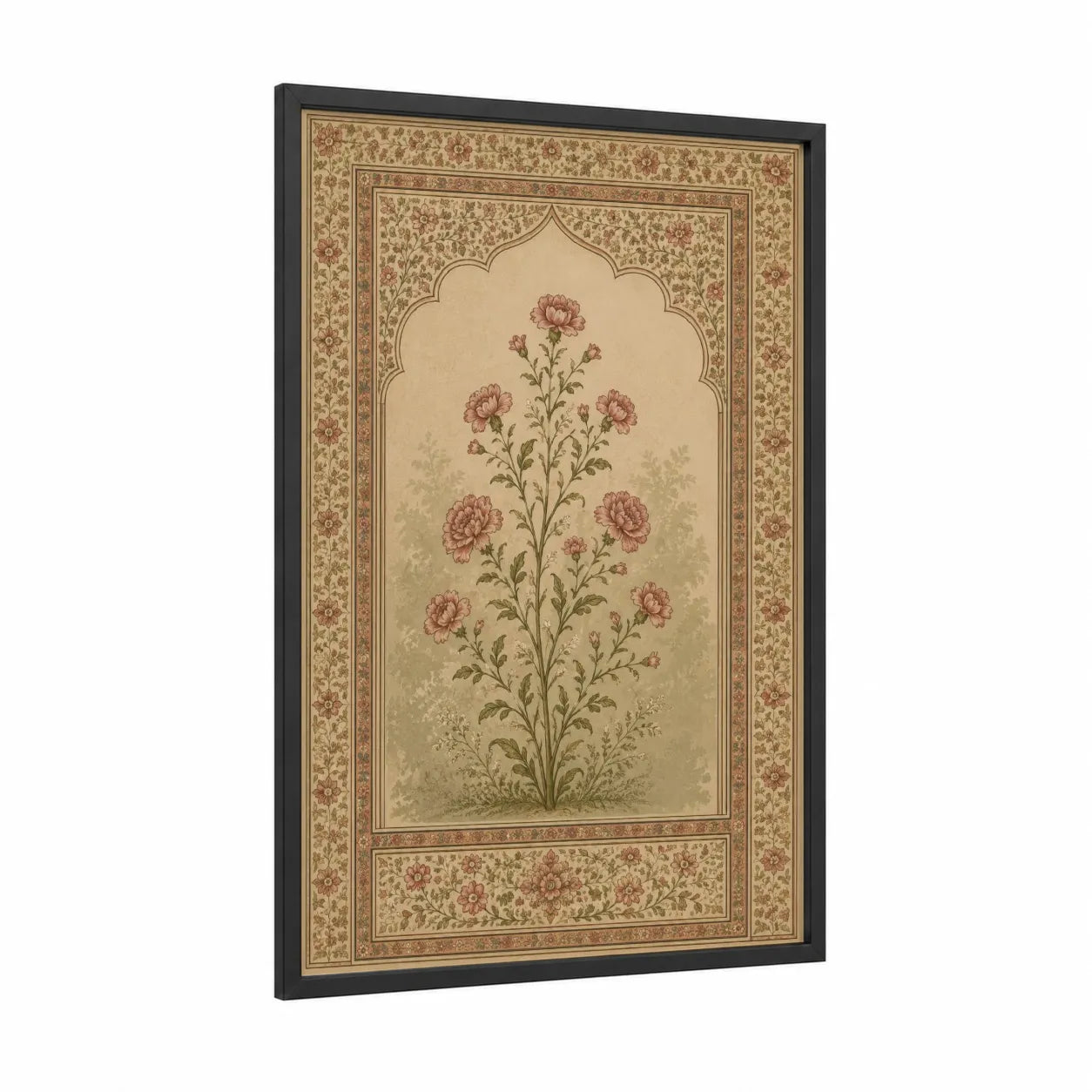 Persian Floral Carnation Botanical Wall Art framed carnations print — black wood frame — beige and salmon pink palette