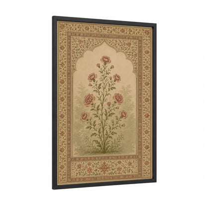 Persian Floral Carnation Botanical Wall Art framed carnations print — black wood frame — beige and salmon pink palette