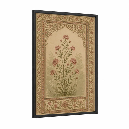 Persian Floral Carnation Botanical Wall Art framed carnations print — black wood frame — beige and salmon pink palette