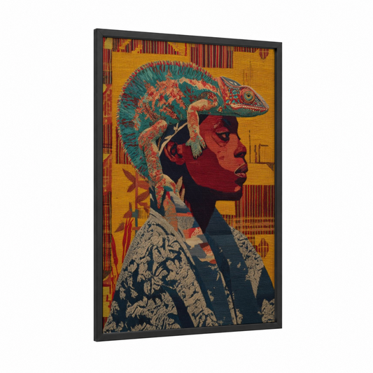 Colorful Chameleon Profile framed art print — black wood frame — gold and teal palette