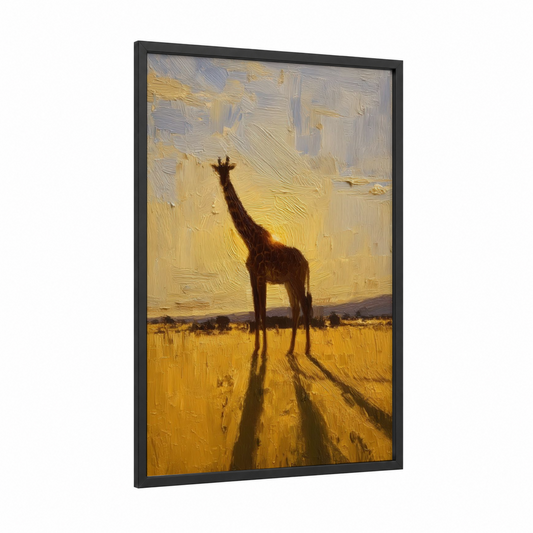 Golden Giraffe framed art print — black wood frame — yellow gold and brown palette