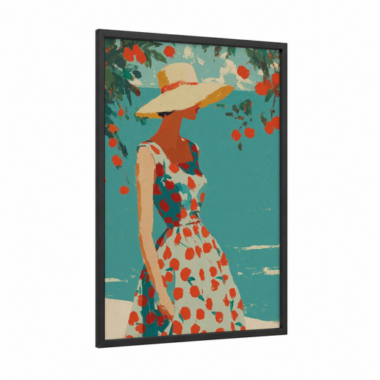 Retro Summer Elegance framed vintage fashion print — black wood frame — teal and red palette