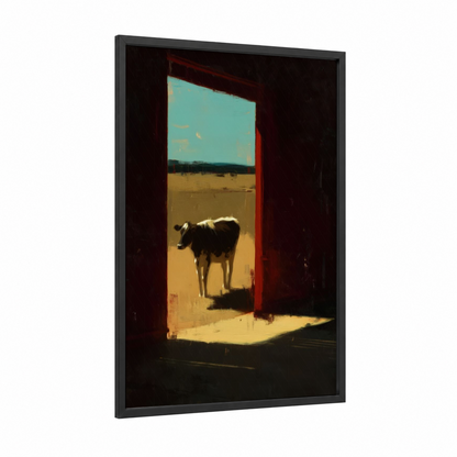 Desert Cow Doorway framed jersey cow print — black wood frame — gold and teal palette