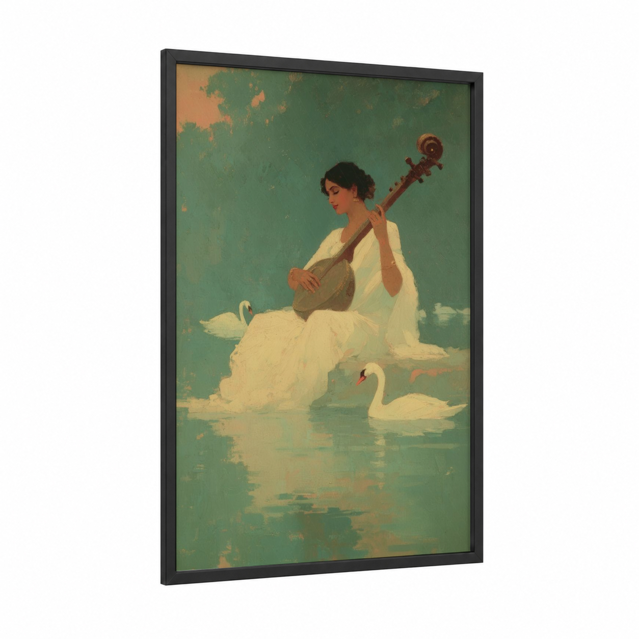 Lakeside Musician framed hinduism print — black wood frame — green and white palette