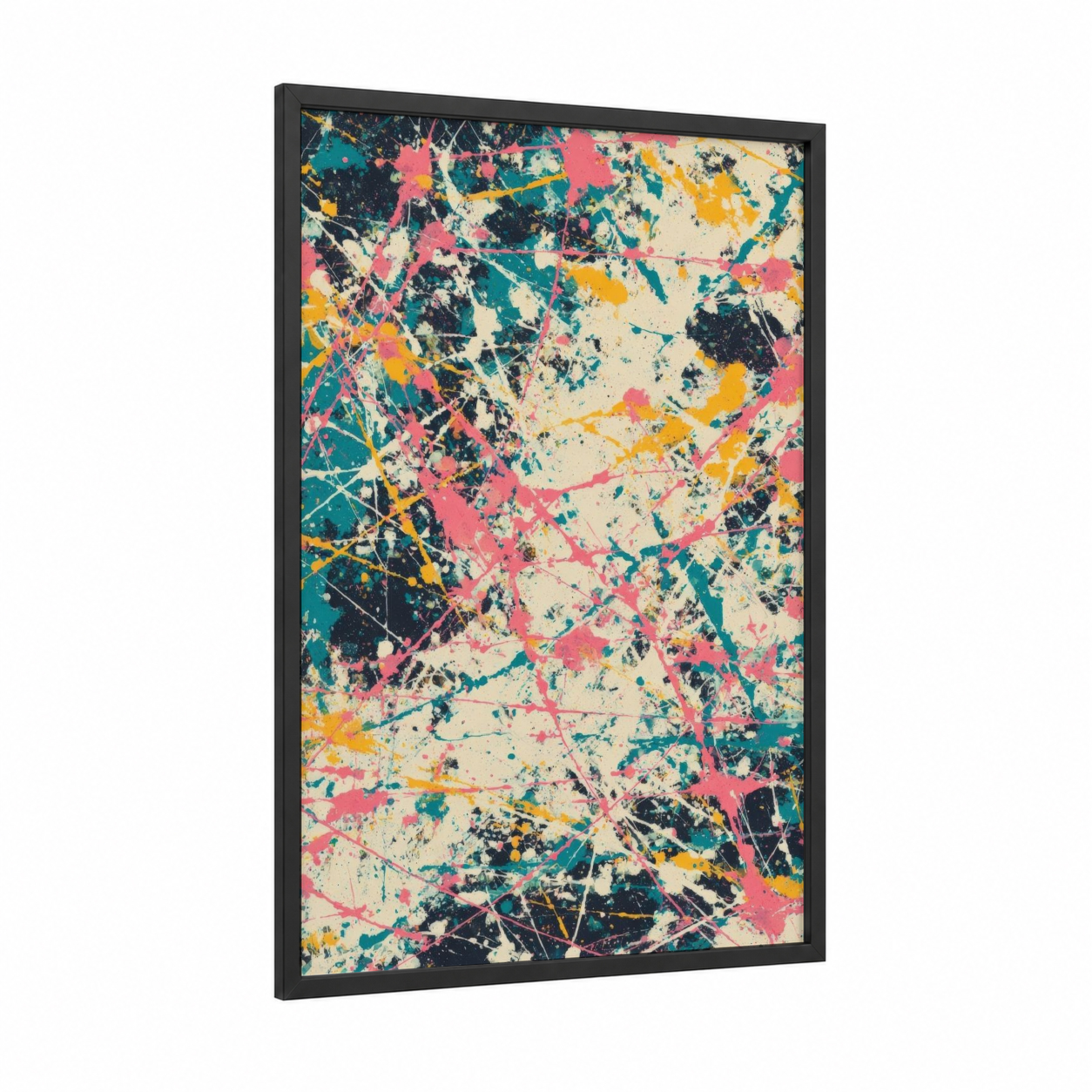 Chromatic Splatter framed abstract expressionism print — black wood frame — pink and teal palette