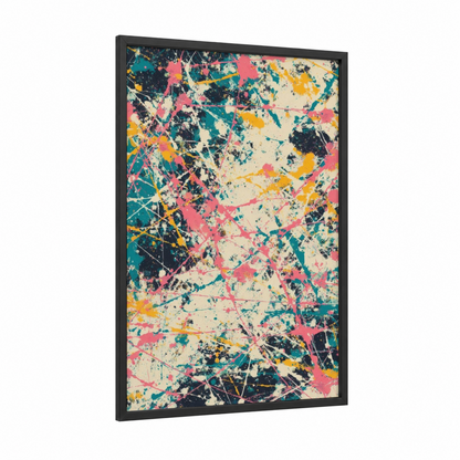 Chromatic Splatter framed abstract expressionism print — black wood frame — pink and teal palette