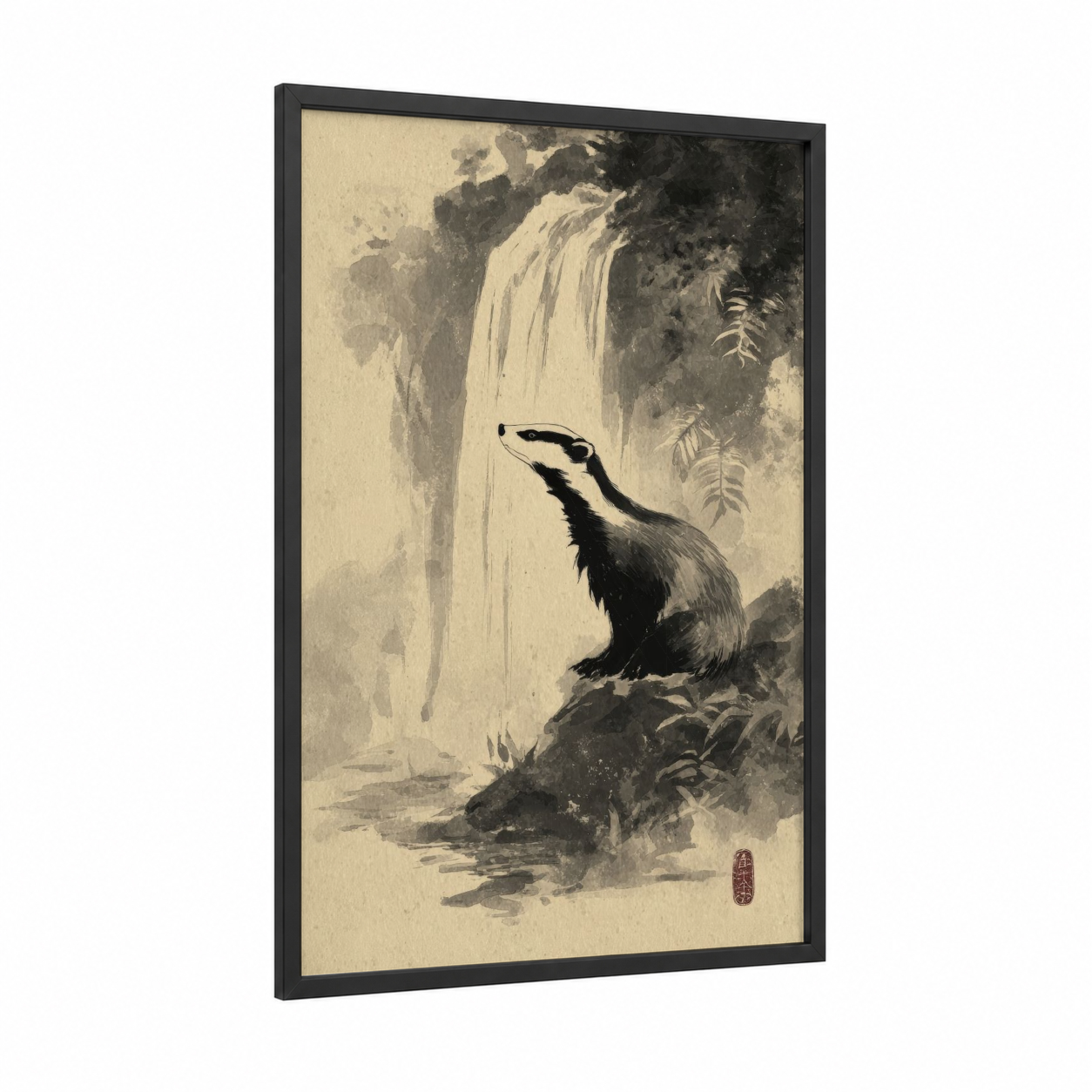 Waterfall Badger framed art print — black wood frame — black and white and beige palette