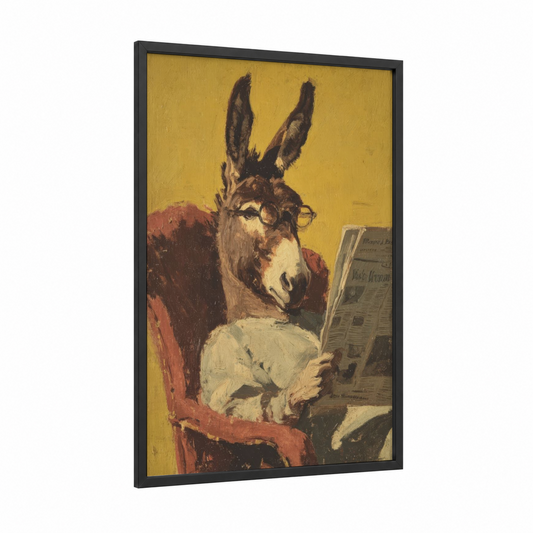 Scholarly Mule framed art print — black wood frame — gold and maroon palette