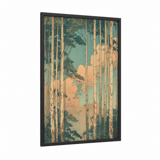 Aspen Grove Autumn framed aspen forest print — black wood frame — teal and peach palette
