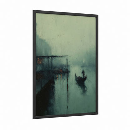Misty Gondola framed art print — black wood frame — teal and gray palette