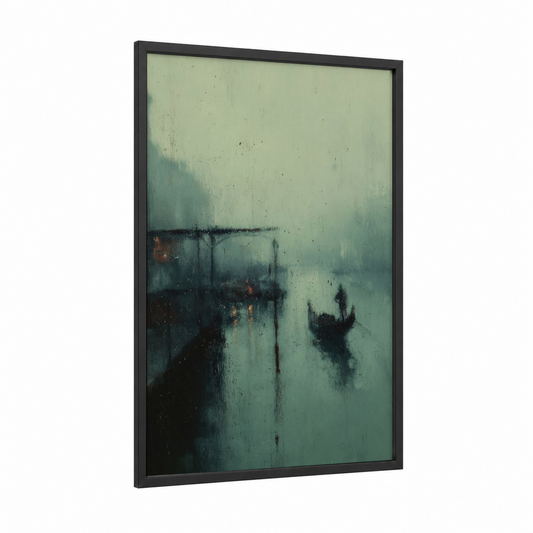 Misty Gondola framed art print — black wood frame — teal and gray palette