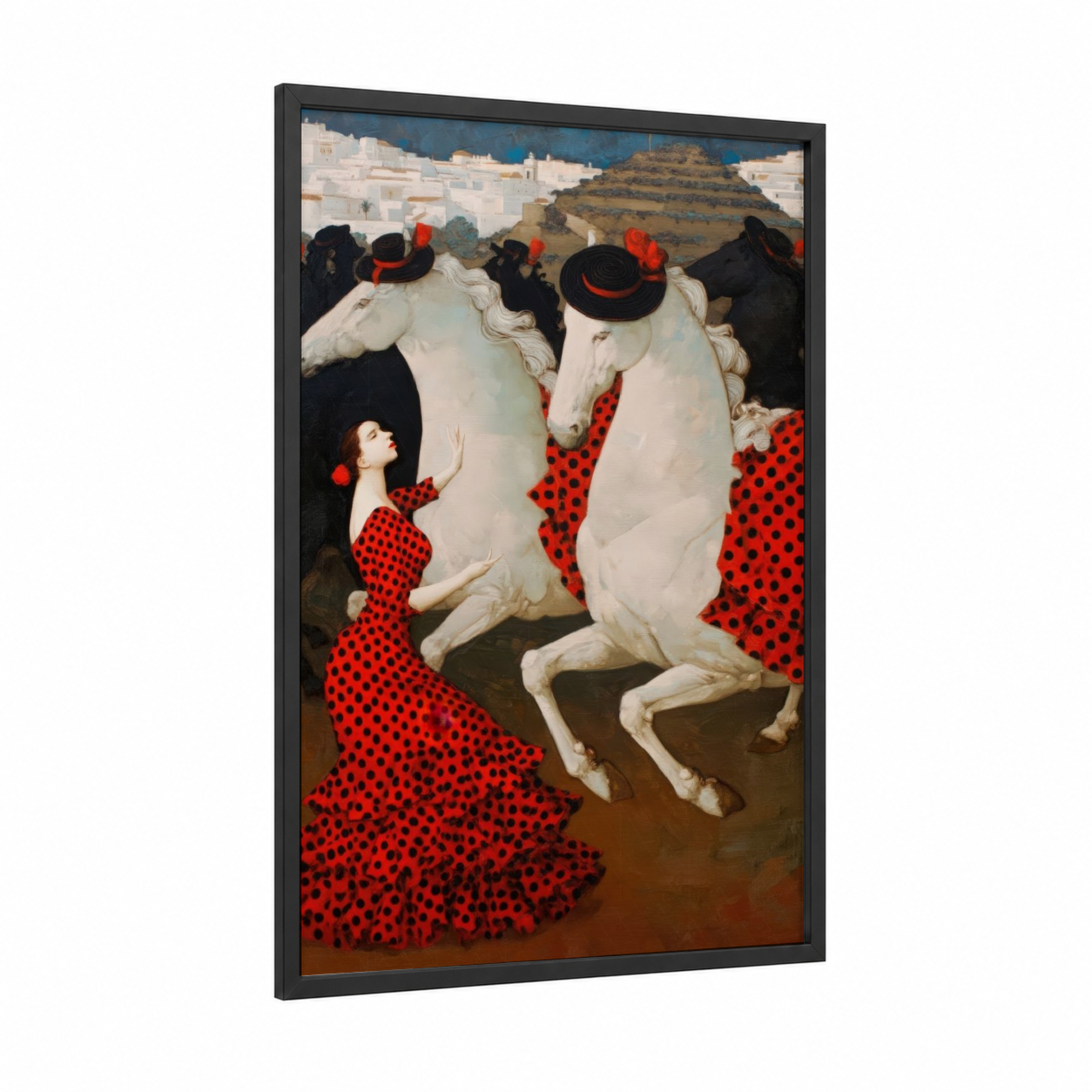 Spanish Elegance framed andalusian horse print — black wood frame — red and white palette