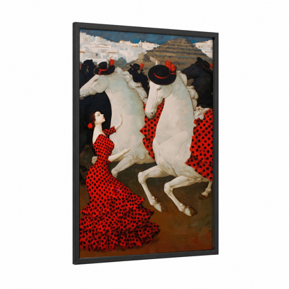 Spanish Elegance framed andalusian horse print — black wood frame — red and white palette