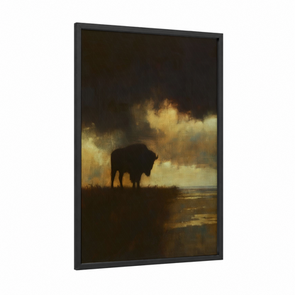 Golden Bison Silhouette framed art print — black wood frame — gold and black palette