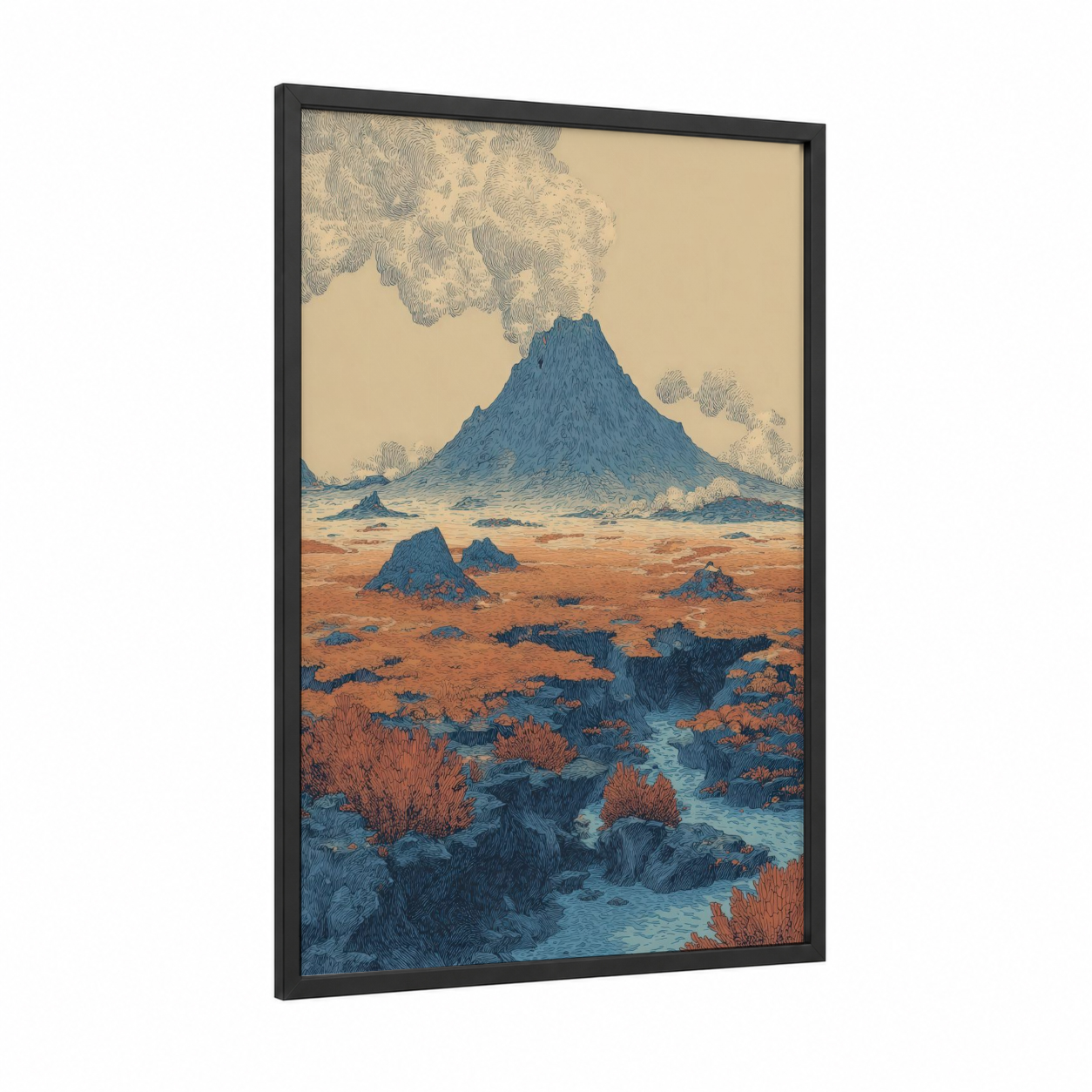 Crimson Volcano Peak framed art print — black wood frame — dark blue and russet palette