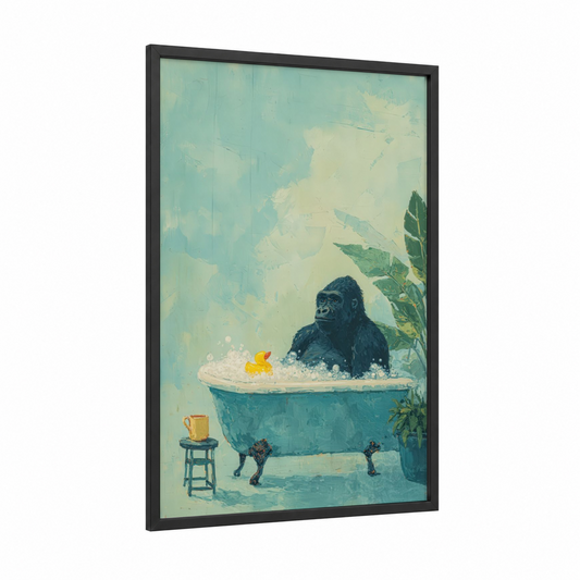 Bathing Gorilla framed art print — black wood frame — teal and cream palette