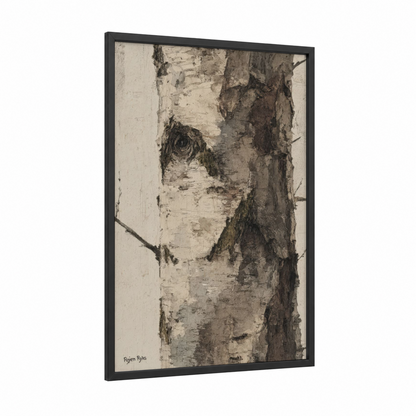 Snowy Birch Trunk framed birch tree print — black wood frame — cream and gray palette
