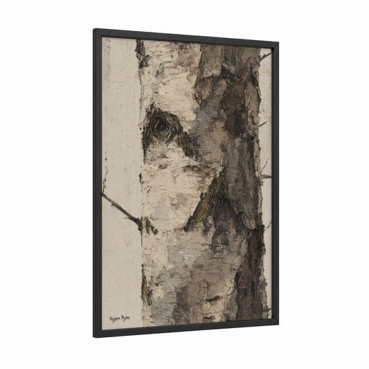 Snowy Birch Trunk framed birch tree print — black wood frame — cream and gray palette