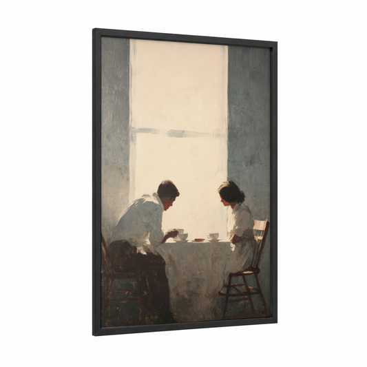 Quiet Moment Together framed couple print — black wood frame — gray and cream palette