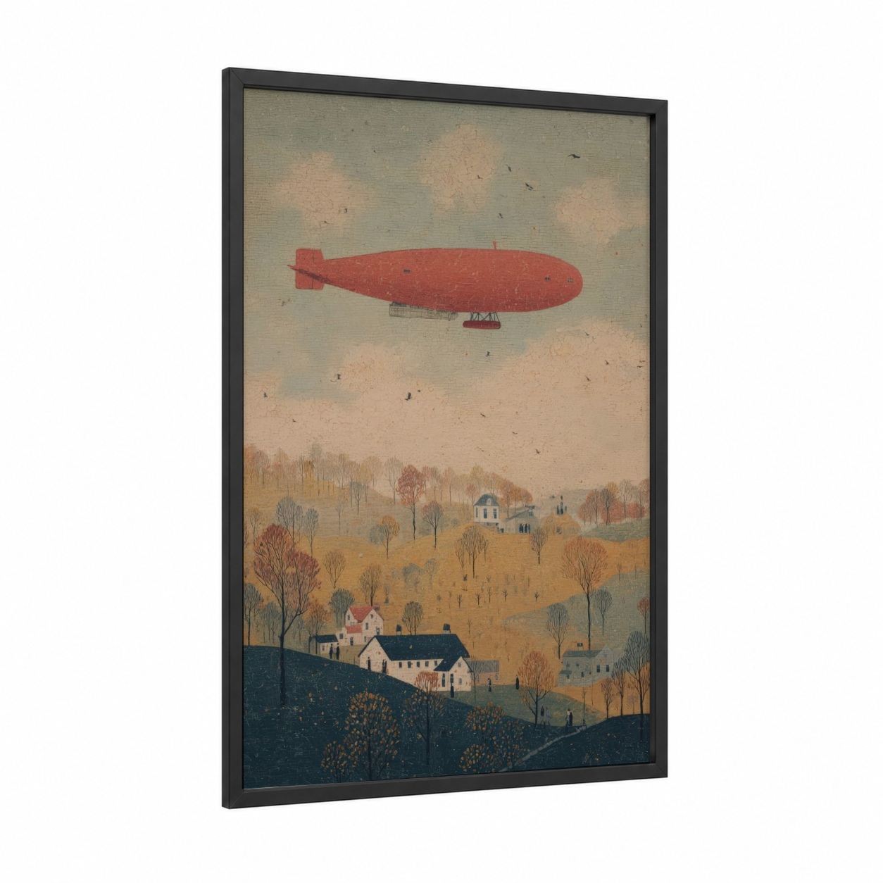 Crimson Airship framed art print — black wood frame — red and sage green palette