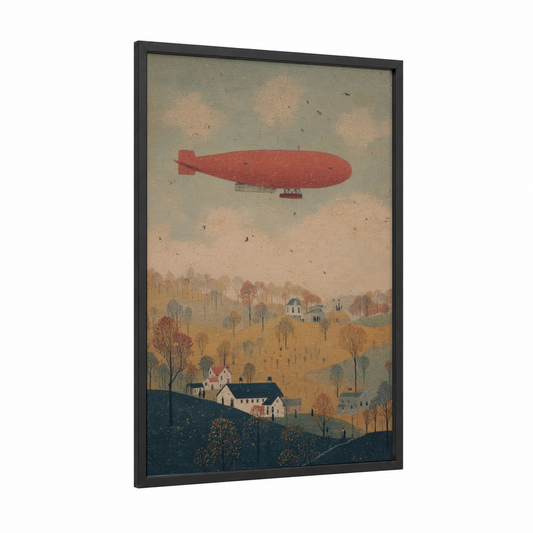 Crimson Airship framed art print — black wood frame — red and sage green palette