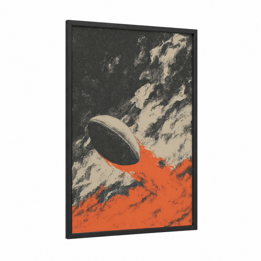 Vintage Rugby Ball framed art print — black wood frame — black and white and pumpkin palette
