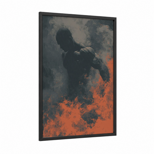 Strength Unleashed framed bodybuilding print — black wood frame — black and gold and red palette