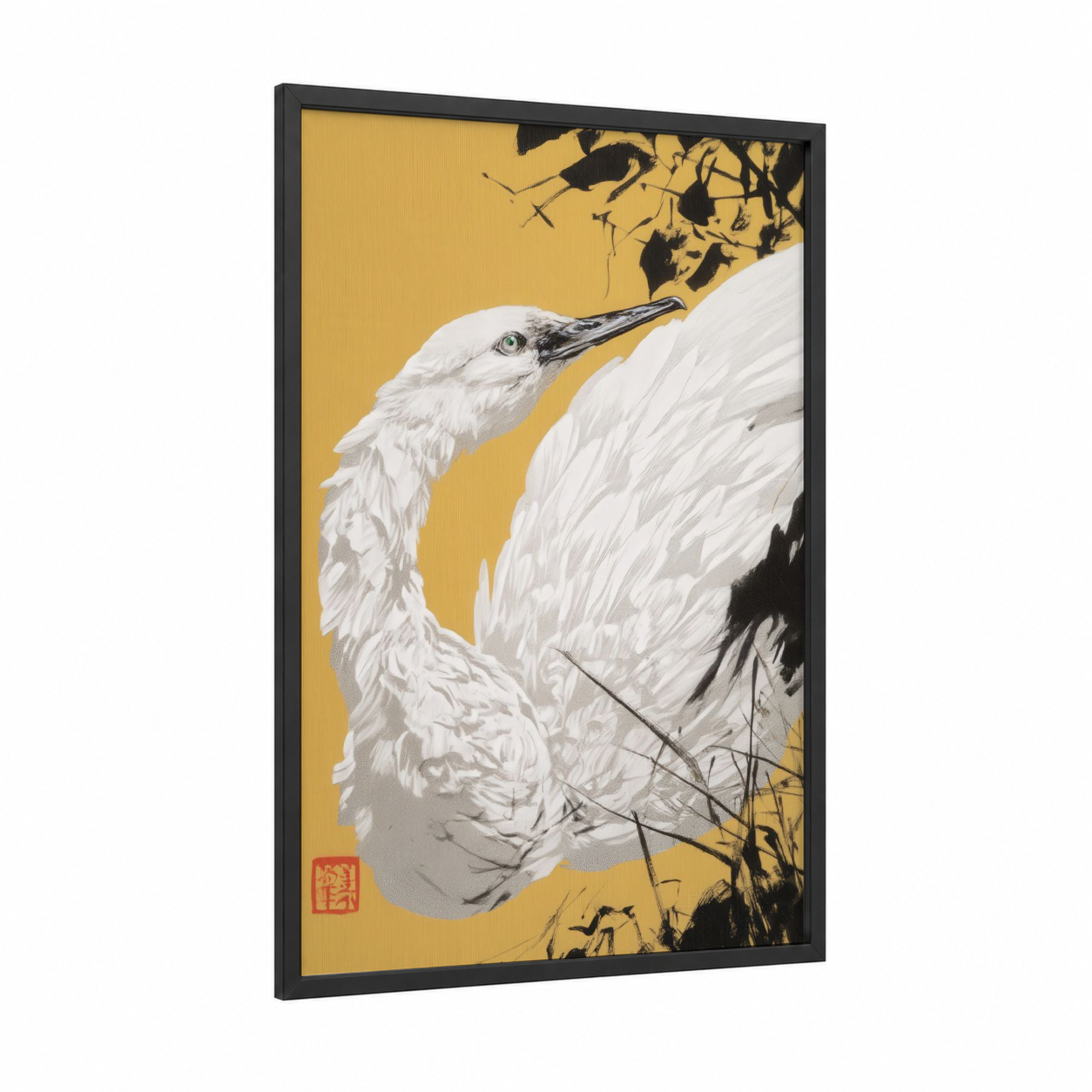 Golden Swan Profile framed art print — black wood frame — gold and white palette