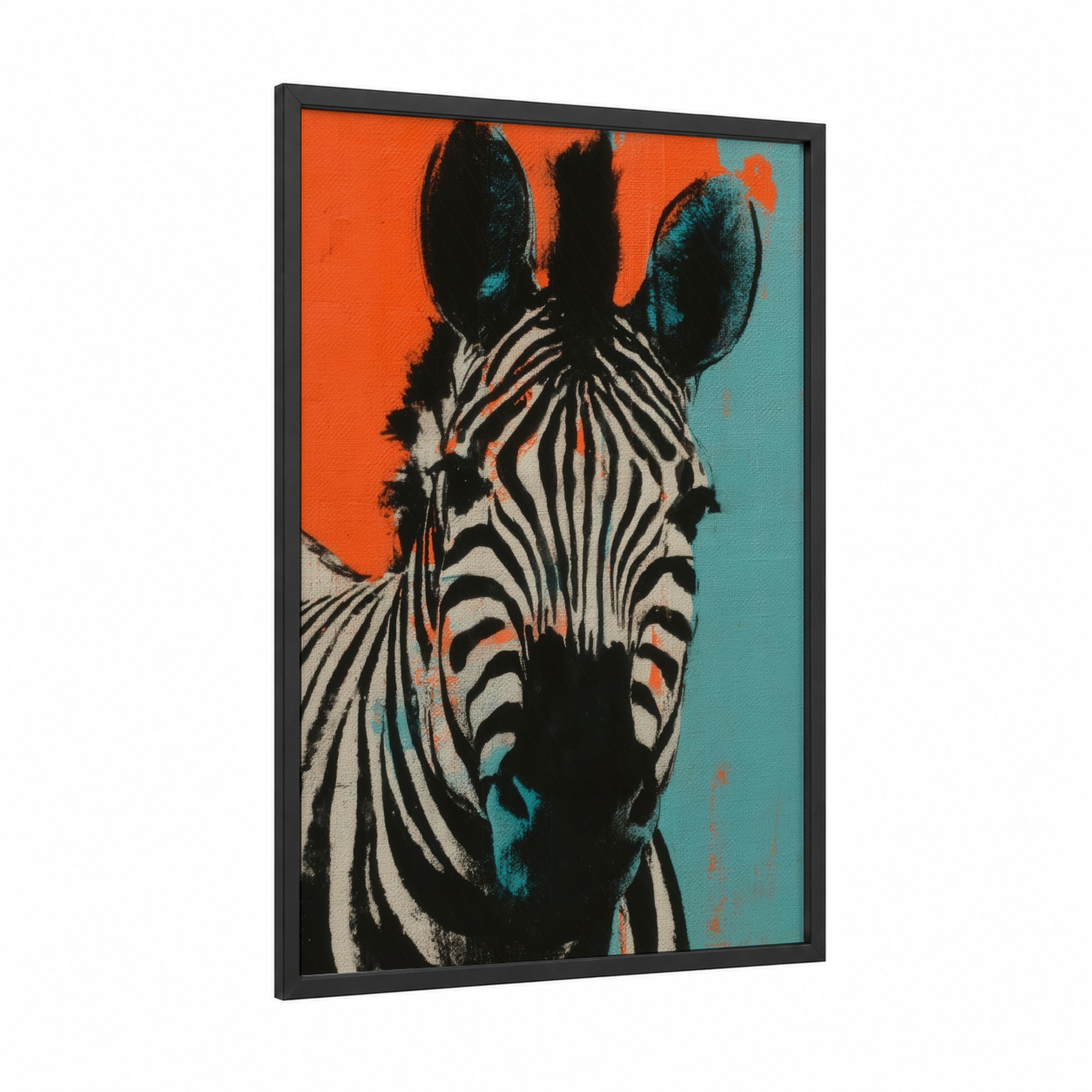 Pop Art Zebra framed art print — black wood frame — orange and teal palette