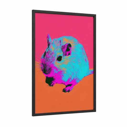 Neon Gerbil Pop framed art print — black wood frame — magenta and blue palette