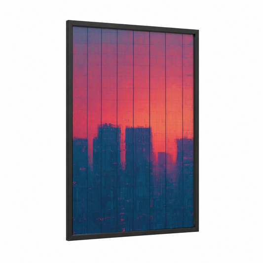 Urban Sunset Window framed art print — black wood frame — red and dark blue palette