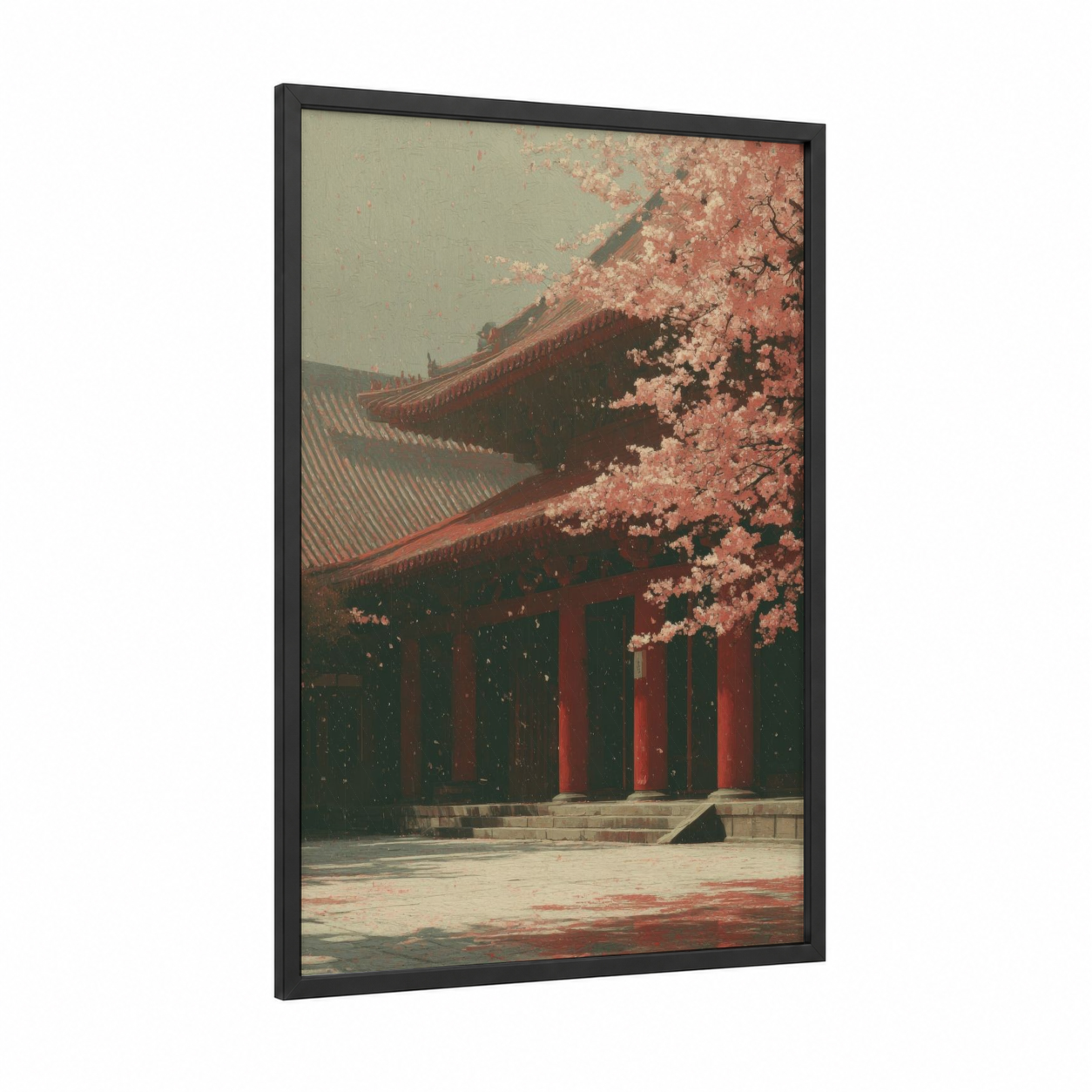 Cherry Blossom Temple framed art print — black wood frame — beige and salmon pink palette