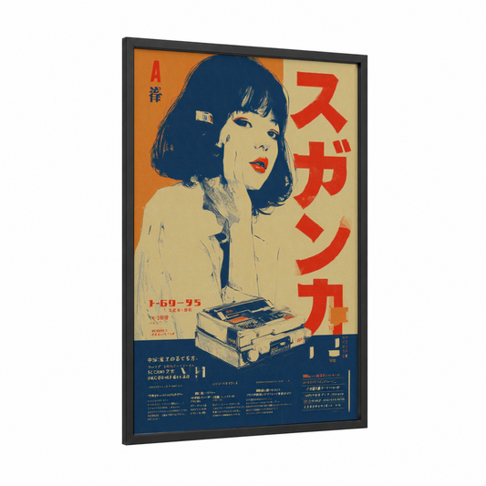 Retro Japanese Advertisement framed vintage japanese ads print — black wood frame — cream and dark blue palette