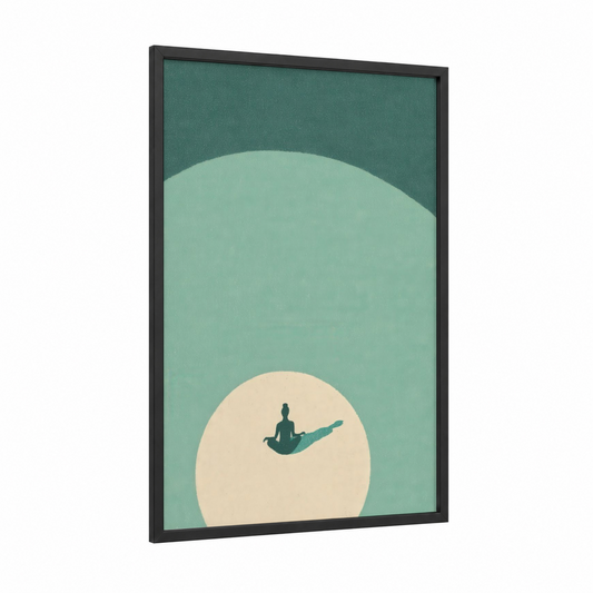 Serene Yoga Pose framed fitness yoga print — black wood frame — teal and sage green palette