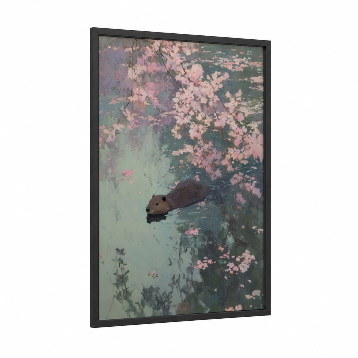 Cherry Blossom Beaver framed art print — black wood frame — pink and sage green palette
