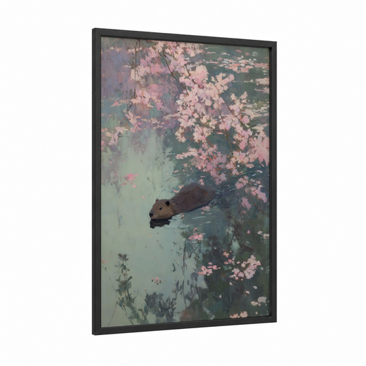 Cherry Blossom Beaver framed art print — black wood frame — pink and sage green palette