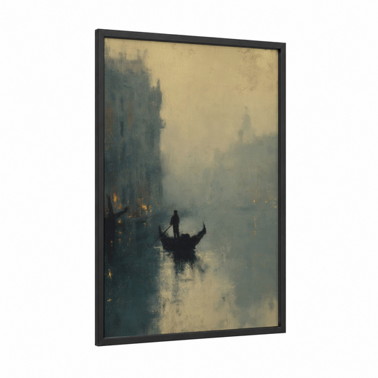 Misty Gondola framed art print — black wood frame — cream and dove gray palette
