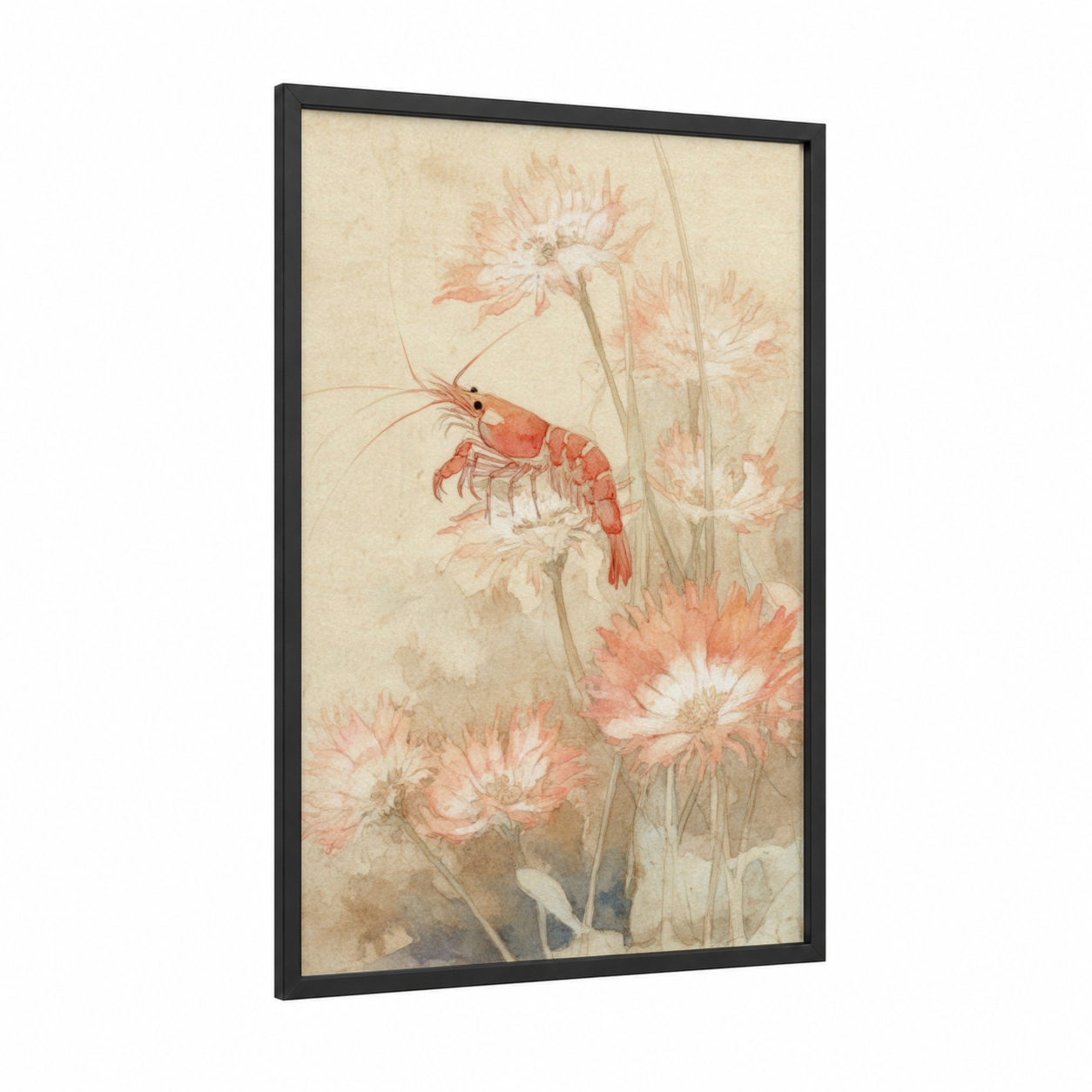 Coral Shrimp Garden framed art print — black wood frame — peach and cream palette