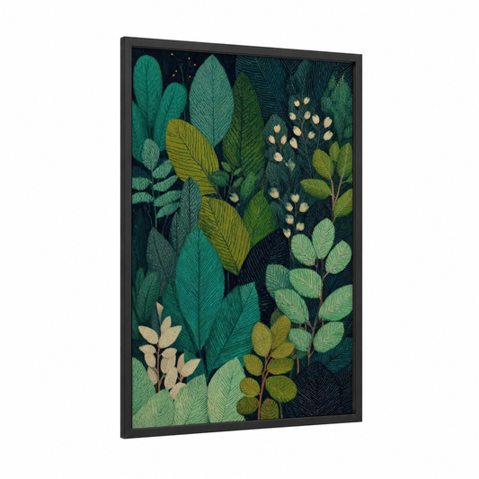 Botanical Garden Leaves framed leaf print — black wood frame — teal and cream palette