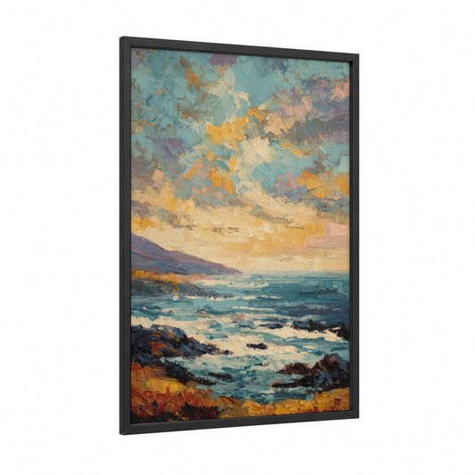 Golden Morning Seascape framed morning sky print — black wood frame — gold and teal palette