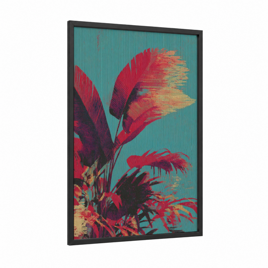 Crimson Leaf Study framed art print — black wood frame — red and teal palette