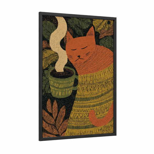 Cozy Cat Tea framed art print — black wood frame — orange and dark green palette