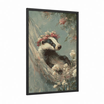 Floral Badger framed art print — black wood frame — gray and rose gold palette