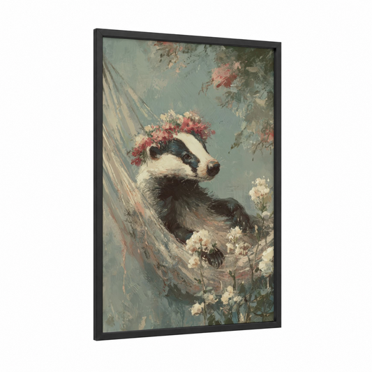 Floral Badger framed art print — black wood frame — gray and rose gold palette