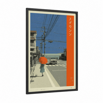 Rainy Urban Wanderer framed japanese y2k print — black wood frame — blue and orange palette