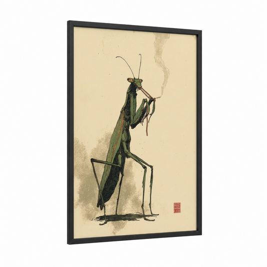 Praying Mantis Study framed prayin mantis print — black wood frame — green and cream palette
