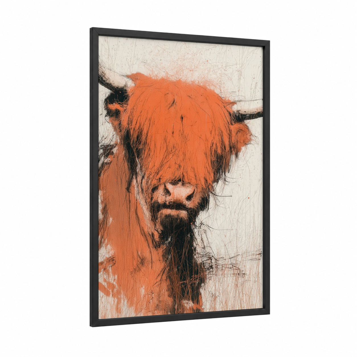 Rustic Highland Cattle framed highland cow print — black wood frame — orange and black palette