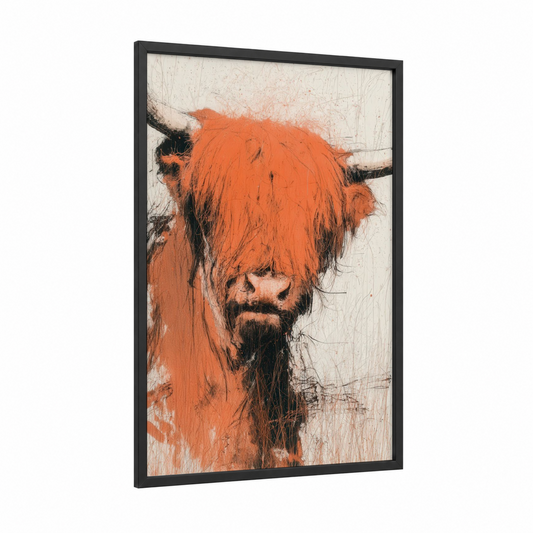Rustic Highland Cattle framed highland cow print — black wood frame — orange and black palette