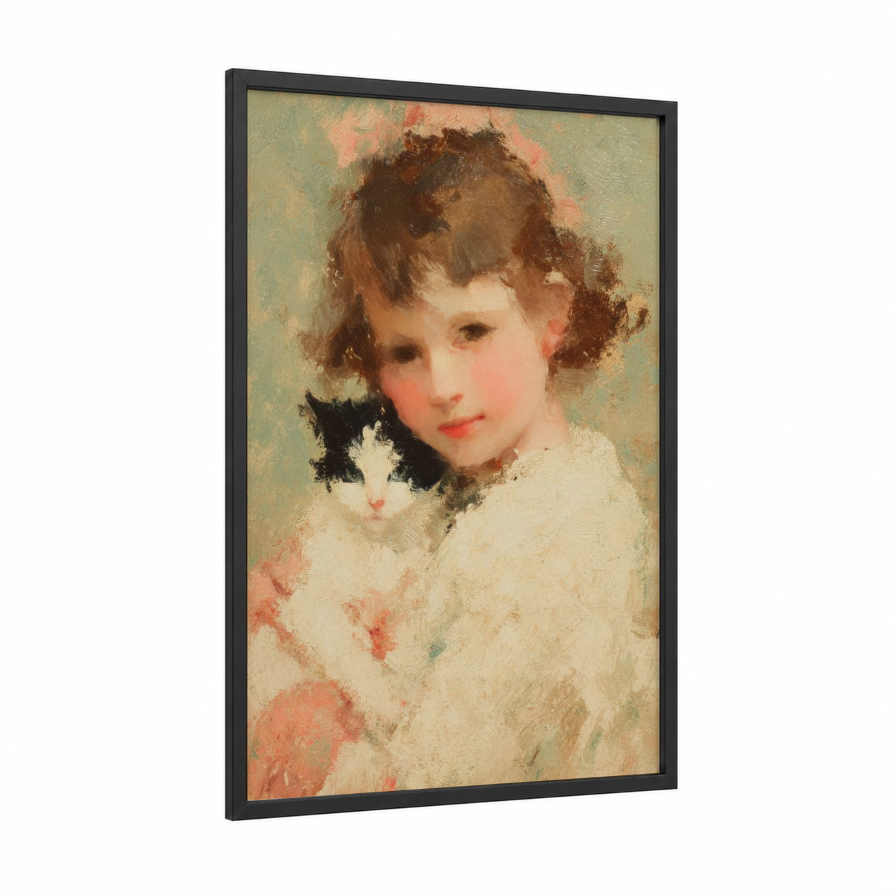 Girl With Kitten framed art for girl print — black wood frame — peach and sage green palette