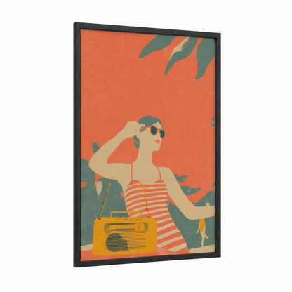 Retro Summer Vibes framed retro pop print — black wood frame — orange and teal palette